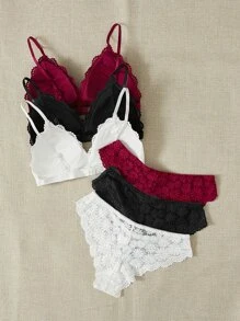 3 piezas set de lencería con encaje floral - Multicolor - Ver 2