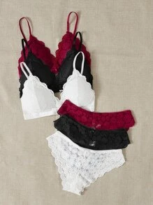 3 piezas set de lencería con encaje floral - Multicolor - Ver 4