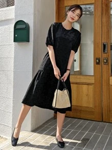 DAZY Vestido De Manga Abultada Con Estampado Floral Jacquard Y Dobladillo Con Volantes Y Diseño De Frunce - Negro - Ver 8