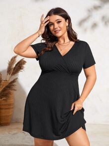 SHEIN LUNE Đầm Plus Size Trọn gói Gân đan màu trơn Giải trí - màu đen - Xem 1