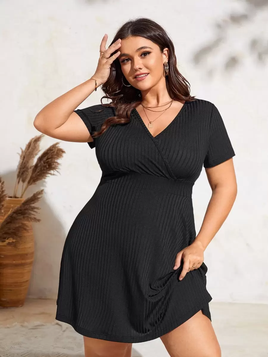 SHEIN LUNE Đầm Plus Size Trọn gói Gân đan màu trơn Giải trí - màu đen - Xem 1