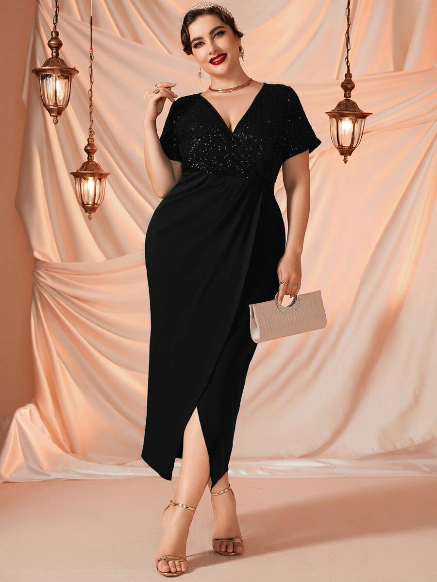 Modelyn Plus Surplice Neck Contrast Sequin Dress Maxi Women Outfit Long Evening Dresses - Black - View 1