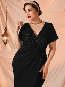 Modelyn Plus Surplice Neck Contrast Sequin Dress Maxi Women Outfit Long Evening Dresses - Black - View 4