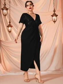 Modelyn Plus Surplice Neck Contrast Sequin Dress Maxi Women Outfit Long Evening Dresses - Black - View 5