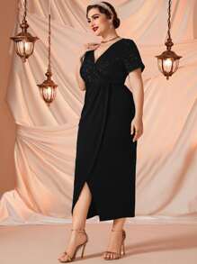 Modelyn Plus Surplice Neck Contrast Sequin Dress Maxi Women Outfit Long Evening Dresses - Black - View 6