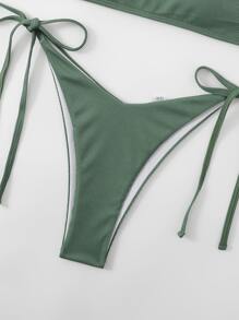 SHEIN Swim Summer Beach Ribbed Bikini Set Adjustable Strap Cami Top & Tie Side Thong Bottom 2 Pieces Bathing Suit, Vacation Bikini - Army Green - View 5