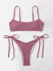 Bikini de lazo lateral con ribete para playa de verano - Rosa Oxidada - Ver 4