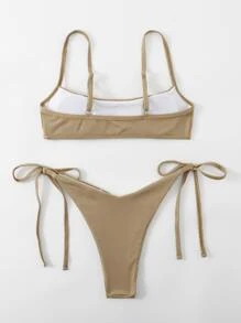 Plain Rib Tie Side Bikini For Summer Beach - Camel - View 2