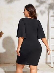Plus Surplice Neck Butterfly Sleeve Dress - Black - View 2