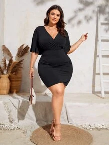 Plus Surplice Neck Butterfly Sleeve Dress - Black - View 3