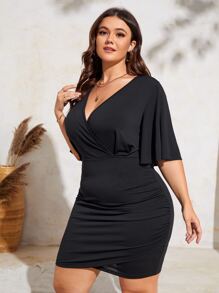 Plus Surplice Neck Butterfly Sleeve Dress - Black - View 5
