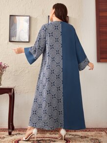 Al Najma Plus Scroll Print Notched Neckline Modest Long Sleeve Dress