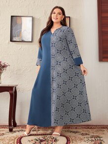 Al Najma Plus Scroll Print Notched Neckline Modest Long Sleeve Dress