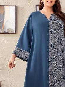 Al Najma Plus Scroll Print Notched Neckline Modest Long Sleeve Dress