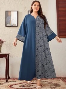 Al Najma Plus Scroll Print Notched Neckline Modest Long Sleeve Dress