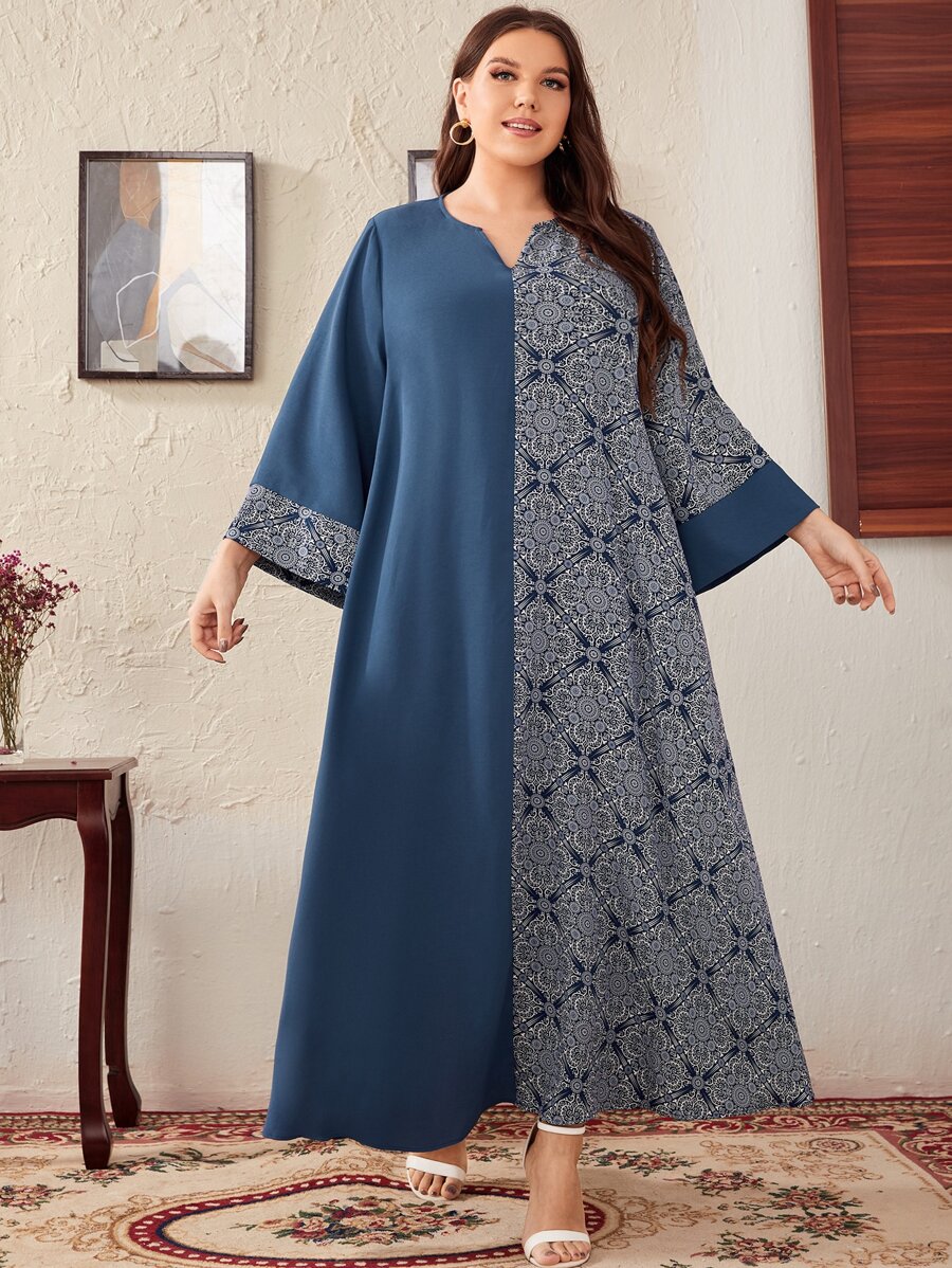 Al Najma Plus Scroll Print Notched Neckline Modest Long Sleeve Dress