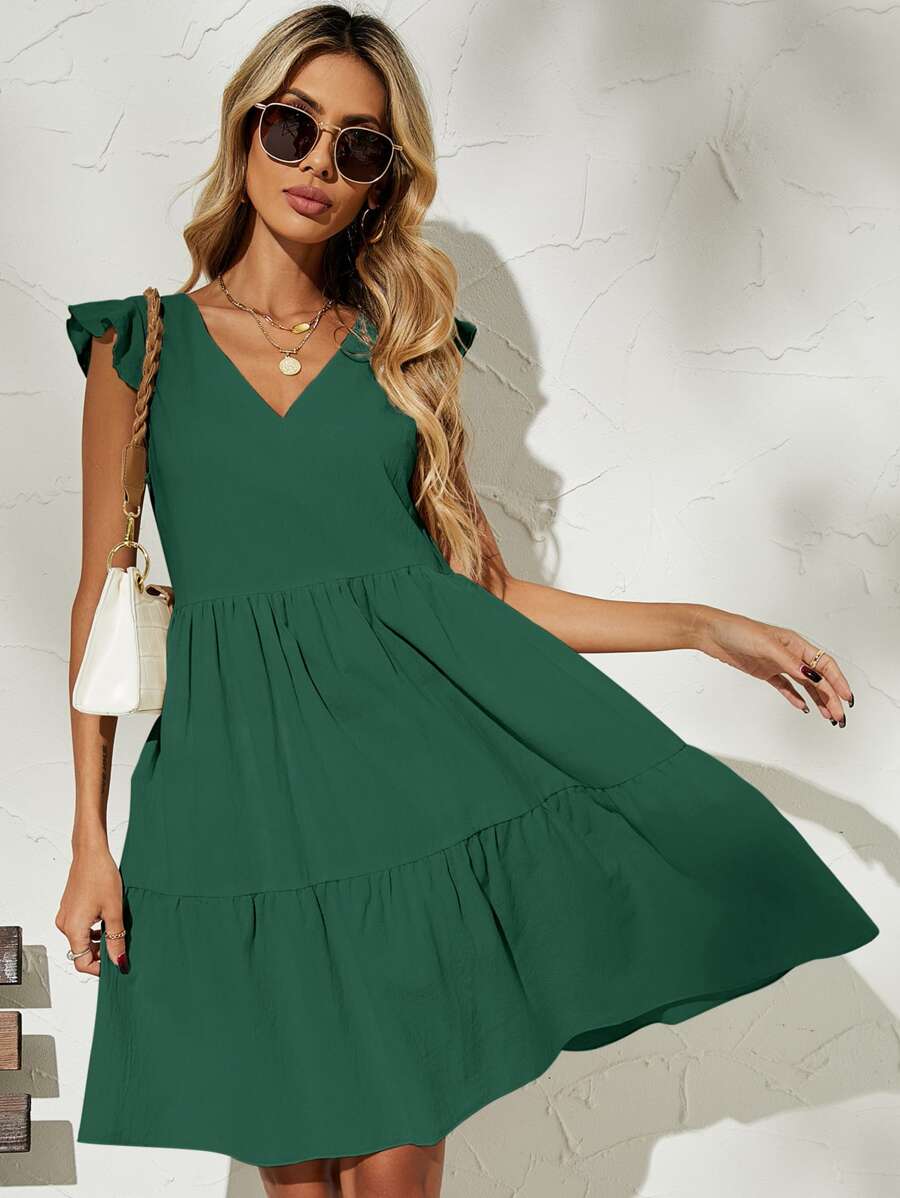Vestido smock de manga mariposa unicolor - Verde Oscuro - Ver 1