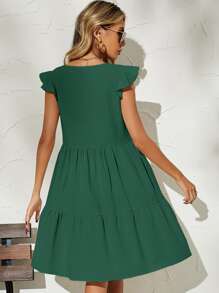 Vestido smock de manga mariposa unicolor - Verde Oscuro - Ver 2