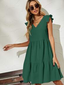 Vestido smock de manga mariposa unicolor - Verde Oscuro - Ver 3