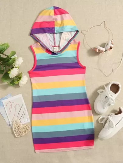 SHEIN Young Girl Color Block Stripe Hooded Dress