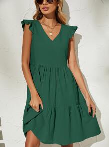 Vestido smock de manga mariposa unicolor - Verde Oscuro - Ver 4