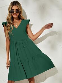 Vestido smock de manga mariposa unicolor - Verde Oscuro - Ver 5