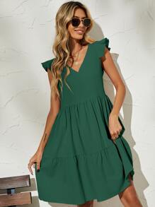 Vestido smock de manga mariposa unicolor - Verde Oscuro - Ver 6