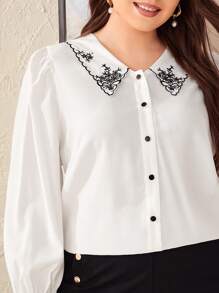 SHEIN Frenchy Blusa con bordado floral de manga farol - Blanco - Ver 5