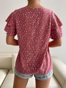 EMERY ROSE Polka Dot Butterfly Sleeve Blouse,Short Sleeve Tops - Redwood - View 2