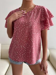 EMERY ROSE Polka Dot Butterfly Sleeve Blouse,Short Sleeve Tops - Redwood - View 4