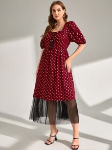 Mulvari Plus Gold Dot Print Lace Up Front Mesh Hem Dress - Multicolor - View 1