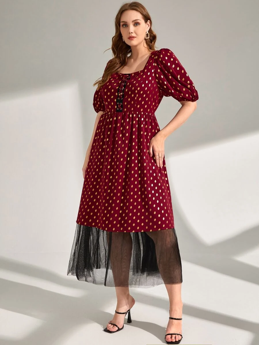 Mulvari Plus Gold Dot Print Lace Up Front Mesh Hem Dress - Multicolor - View 1