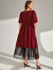 Mulvari Plus Gold Dot Print Lace Up Front Mesh Hem Dress - Multicolor - View 4