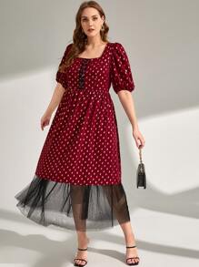 Mulvari Plus Gold Dot Print Lace Up Front Mesh Hem Dress - Multicolor - View 2