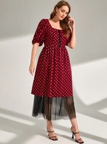 Mulvari Plus Gold Dot Print Lace Up Front Mesh Hem Dress - Multicolor - View 3