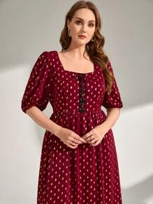 Mulvari Plus Gold Dot Print Lace Up Front Mesh Hem Dress - Multicolor - View 5