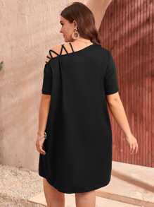 SHEIN LUNE Plus Heart Print Asymmetrical Neck Tee Dress - Black - View 2