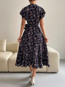 SHEIN VCAY Floral Print Butterfly Sleeve Knot Side Dress - Multicolor - View 2