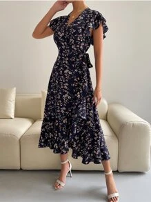 SHEIN VCAY Floral Print Butterfly Sleeve Knot Side Dress - Multicolor - View 3