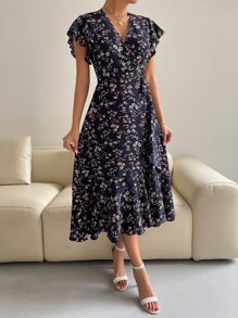 SHEIN VCAY Floral Print Butterfly Sleeve Knot Side Dress - Multicolor - View 4