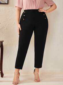 SHEIN Frenchy 大碼假鈕扣錐形褲 - 黑色 - 查看 1