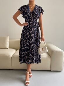 SHEIN VCAY Floral Print Butterfly Sleeve Knot Side Dress - Multicolor - View 6
