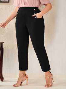 SHEIN Frenchy 大碼假鈕扣錐形褲 - 黑色 - 查看 3