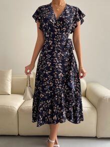 SHEIN VCAY Floral Print Butterfly Sleeve Knot Side Dress - Multicolor - View 7