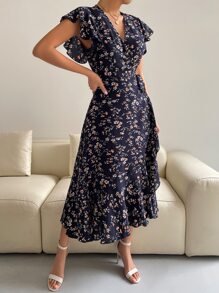 SHEIN VCAY Floral Print Butterfly Sleeve Knot Side Dress - Multicolor - View 8