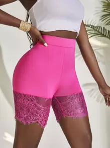 SHEIN Unity Contrast Eyelash Lace Cycling Shorts - Hot Pink - View 1