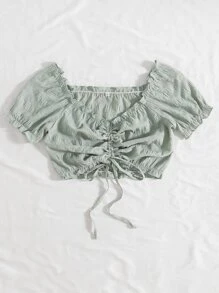 SHEIN WYWH Drawstring Ruched Crop Blouse - Mint Green - View 3