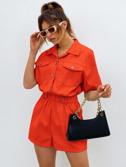 Buttoned Front Pocket Patched Shirt Romper