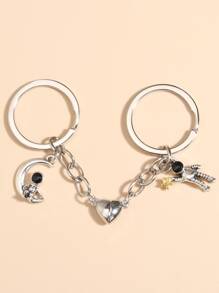 2 piezas Llavero de pareja con corazón magnético y encanto de astronauta, accesorios para el coche y bolso del Día de San Valentín - Plateado - Ver 3