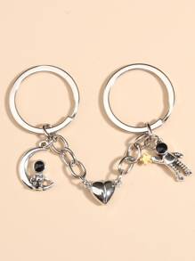 2 piezas Llavero de pareja con corazón magnético y encanto de astronauta, accesorios para el coche y bolso del Día de San Valentín - Plateado - Ver 1